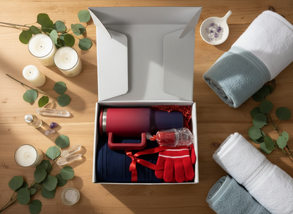 The Serenity Box - Red and Navy - Top View with Props